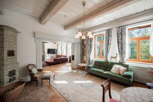 HeřmaniceChâteau du Golf next to Malevil Golf Resort的客厅设有绿色沙发和壁炉