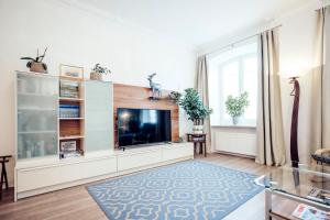 a living room with a large entertainment center with a flat screen tv at Ferienwohnung Stadtplatz 25 in Traunstein