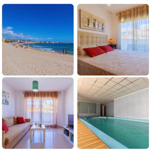 un collage de cuatro fotos de un dormitorio y una piscina en Apartamento en El Campello, España, en El Campello