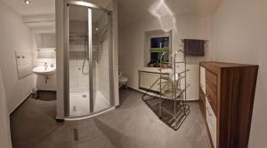 ein Badezimmer mit Dusche, Waschbecken und Toilette in der Unterkunft Ferienwohnung Heike Rinno in Olbernhau + 16 Fotos