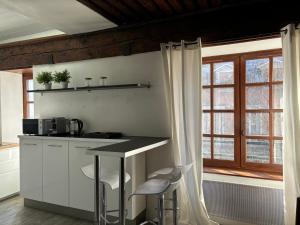 een keuken met witte kasten en een aanrecht met krukken bij Le Clos Saint-Jacques in Grenoble