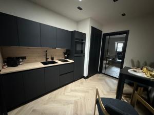 a kitchen with black cabinets and a wooden floor at * Stadtvilla Plauen * * außergewöhnlich * 2 Zimmerwohnung * Zentrumsnah in Plauen