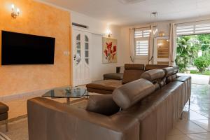a living room with a large couch and a flat screen tv at Villa Aquaterra 200m2 - jacuzzi privatif chambre parentale, piscine, garage in Matoury