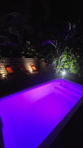 a swimming pool lit up in purple at night at Villa Ti Gîte - Piscine privée in Le Marin