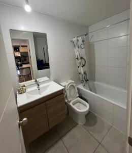 サンティアゴにあるDepartamento Santiagoのトイレ、洗面台、浴槽を備えたバスルーム