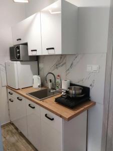 a small kitchen with white cabinets and a sink at Zasankowe Wzgórze in Zasań
