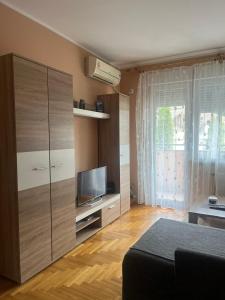 un soggiorno con TV e grande armadio di Apartman Milkovic 2 a Sombor