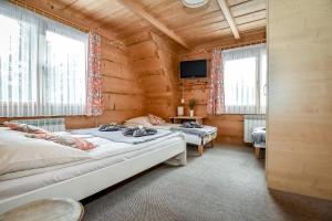 two beds in a room with wooden walls and windows at U Justynki in Małe Ciche
