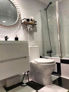 a bathroom with a toilet and a shower and a mirror at 2 dormitorios, 2 baños in Santiago