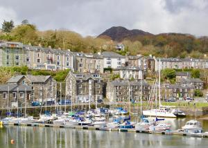 a group of boats docked in a harbor with buildings at Harbour Station View in Porthmadog