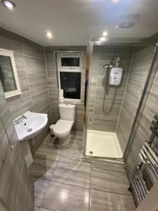 une salle de bains avec toilettes, douche et lavabo dans l'établissement 4 Bedroom Apartment & 2 Bedroom apartment, à Londres