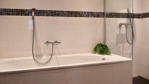 a bathroom with a shower and a bath tub at Vakantiewoning De Stoep in Appeltern