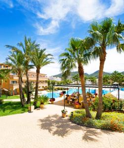 
a beach with palm trees and palm trees at Mon Port Hotel & Spa in Port d'Andratx
