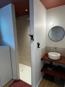 a bathroom with a sink and a shower at Ty Nid d'Amour Ty Mamou in Névez