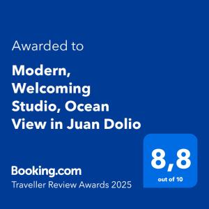 Majutusasutuses Modern, Welcoming Studio, Ocean View in Juan Dolio olev sertifikaat, autasu, silt või muu dokument