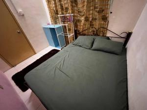 a bedroom with a green bed with a blue cabinet at Homestay Seri Aishah in Chemor