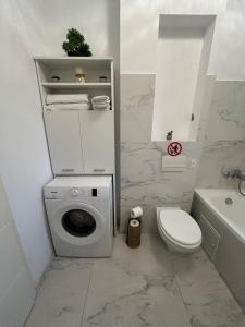a bathroom with a washing machine and a toilet at Serelor Cozy Flat in Dumbrăviţa