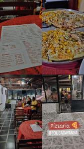a collage of photos of a restaurant with a pizza at Pousada Iansã in Vera Cruz de Itaparica