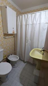 a bathroom with a toilet and a sink and a shower at Depto Playa Grande in Mar del Plata +11 photos