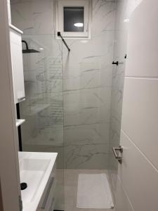 a bathroom with a glass shower and a sink at Dele Apartment Free Parking in Sarajevo
