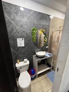 a bathroom with a toilet and a sink at HOUSE Of Rainbow in Tortuguero