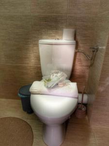 a bathroom with a white toilet with a towel on it at Casa Vădeanu in Sighetu Marmaţiei