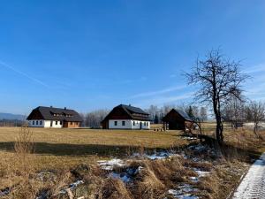 un gruppo di case in un campo con un albero di Hellerovy Dvory a Srní