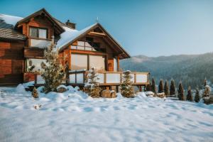 a log cabin in the snow with trees at Chalet Villa Pod Jemiołą in Szczawnica