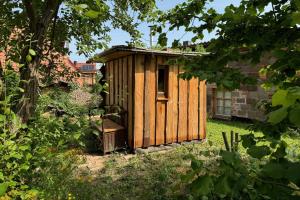 a wooden shed in the yard of a house at cosyTinyhouse Großburschla in Treffurt
