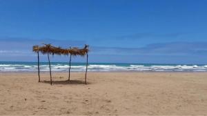 a hut on the beach with the ocean in the background at Tangier Beach in Tangier