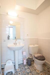 a bathroom with a toilet and a sink at Le Boujou - Place de parking - 200m plage in Étretat +13 photos