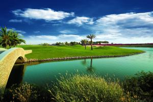 a bridge over a body of water with palm trees at Arabian Ranches Golf Club in Dubai