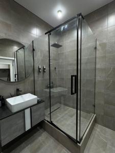 a bathroom with a sink and a glass shower at Gold Apple apartments in Oral