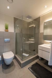 Luxurious Foreshore Getaway في كيب تاون: حمام مع دش ومرحاض ومغسلة