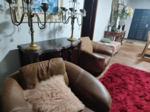 a living room with a leather chair and a red rug at Pousada Canto dos pássaros in Cianorte
