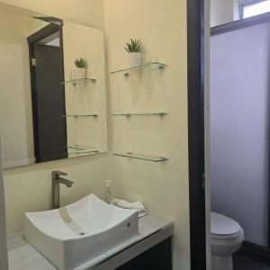 a bathroom with a sink and a mirror and a toilet at Departamento Bien Bonitío 1 in Comitán de Domínguez