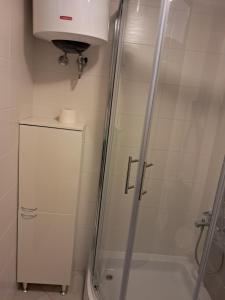 a bathroom with a shower with a toilet and a sink at Apartman 98, free parking in Karlobag