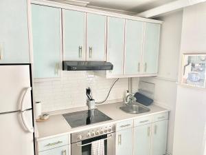 a kitchen with white cabinets and a sink and a refrigerator at Apartamento San Lázaro. in Oviedo