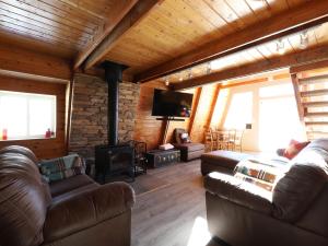 ein Wohnzimmer mit zwei Sofas und einem Kamin in der Unterkunft Ski Lee Retreat in Brian Head