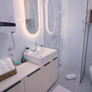 bagno bianco con lavandino e doccia di Relax sauna apartman a Divčibare