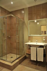 a bathroom with a shower and a sink at Glendower View Guest House in Johannesburg