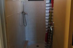 a bathroom with a shower with a shower curtain at Appartement en bord de mer Marine de Sant-Ambrogio in Lumio