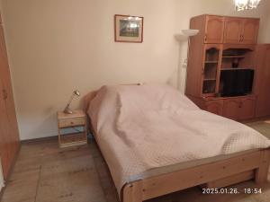 a small bedroom with a bed and a tv at 4 turtles apartman in Budapest