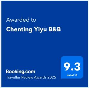 Vottorð, verðlaun, skilti eða annað skjal til sýnis á Chenting Yiyu B&B