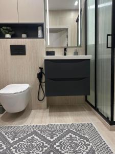 a bathroom with a toilet and a sink and a shower at Privat Apartment Ciocana in Chişinău