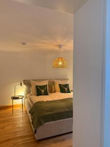 a bedroom with a bed and a chandelier at Direkt am Marktplatz - Freudenstadt und Schwarzwald erleben in Freudenstadt +11 photos
