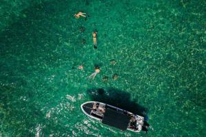 a group of people swimming in the water with a boat at Coba Belize in San Pedro +8 photos