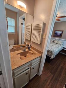 un bagno con lavandino, specchio e letto di Shared Pool Fishing Dock Walk to the Beach a Padre Island