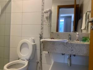 a bathroom with a toilet and a sink and a mirror at Hotel Condominio Barretos Park Hotel in Barretos