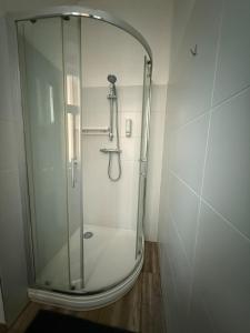 une douche avec une porte vitrée dans une salle de bain dans l'établissement Apartmán Pohoda - dvojlůžkový, v lázeňském centru, à Karlovy Vary 5 autres photos
